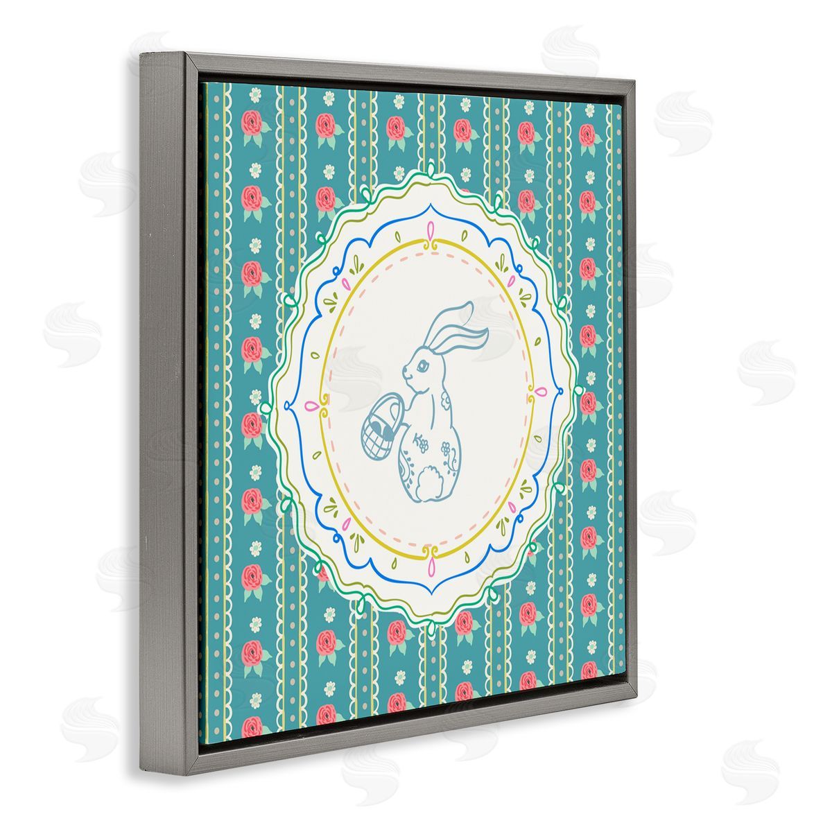 Angela Steahling Flower Stripes Pattern Bunny Gray Floating Frame Canvas Wall Art Print
