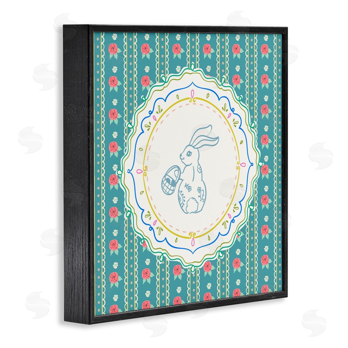Angela Steahling Flower Stripes Pattern Bunny Black Framed Giclee Wall Art Print