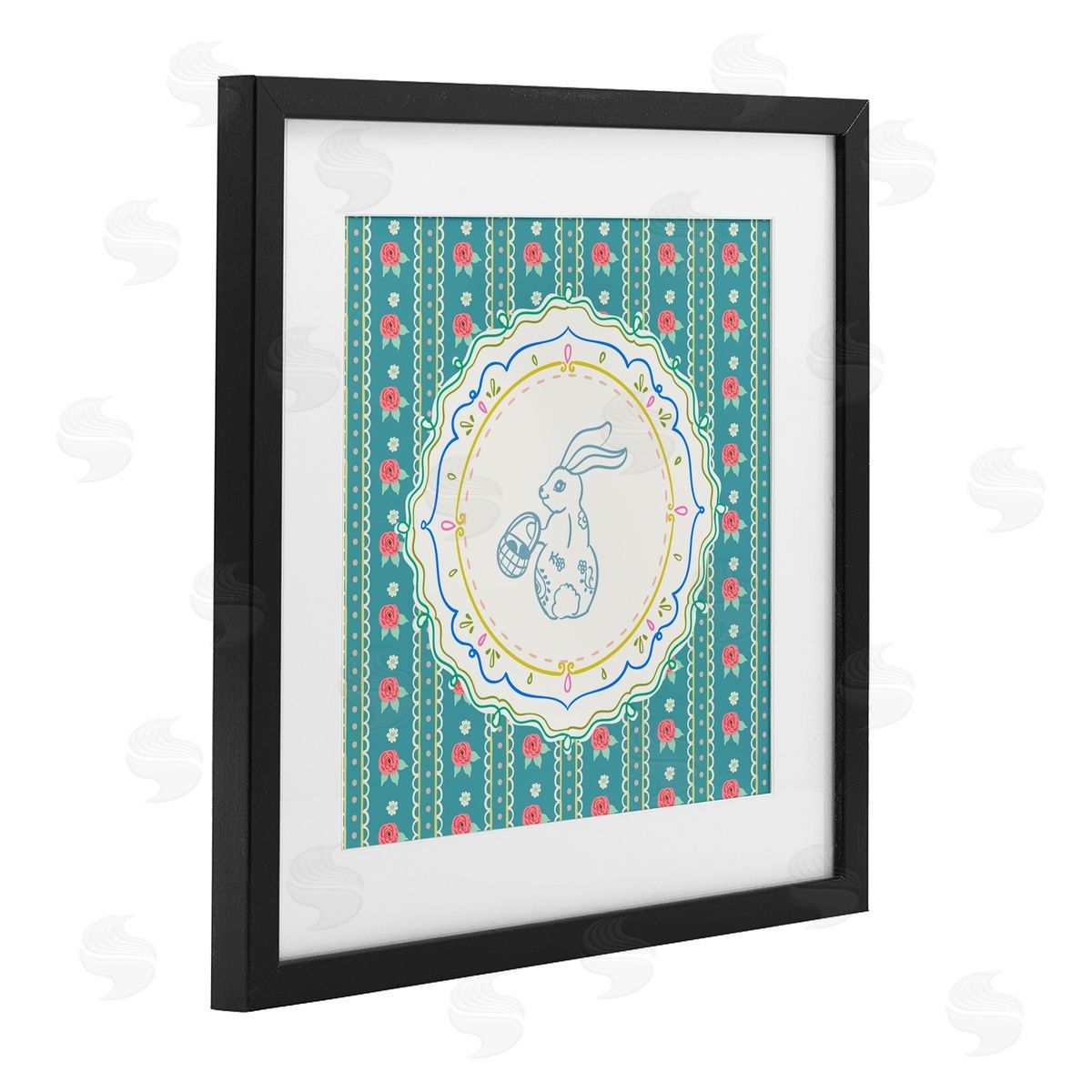 Angela Steahling Flower Stripes Pattern Bunny Black Framed Print Under Glass with White Mat Wall Art