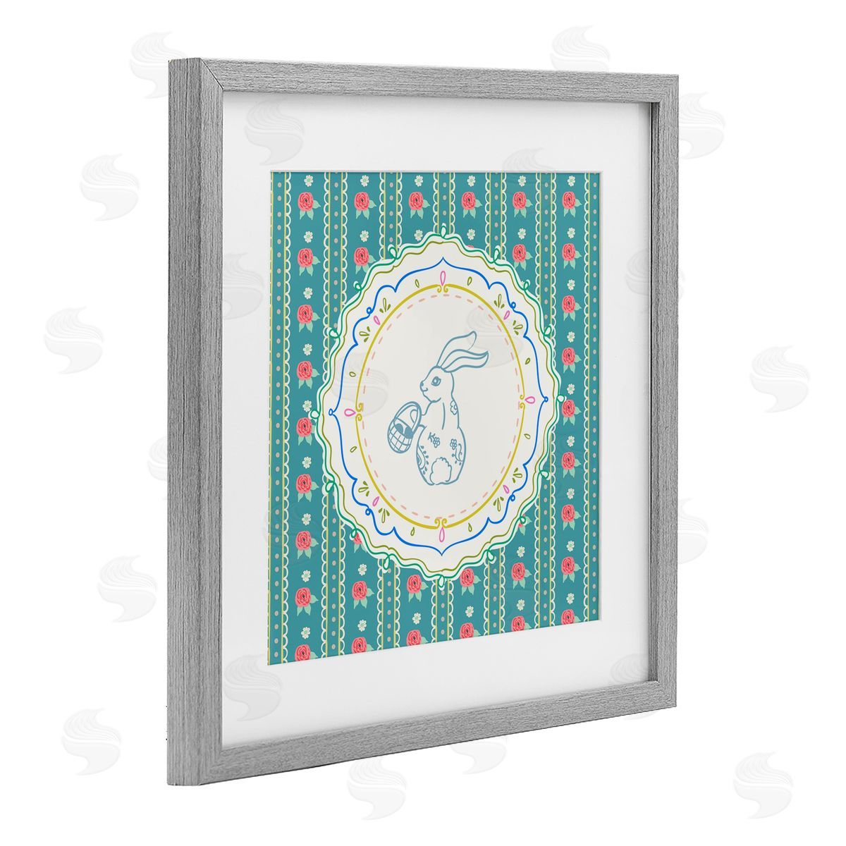 Angela Steahling Flower Stripes Pattern Bunny Gray Framed Print Under Glass with White Mat Wall Art