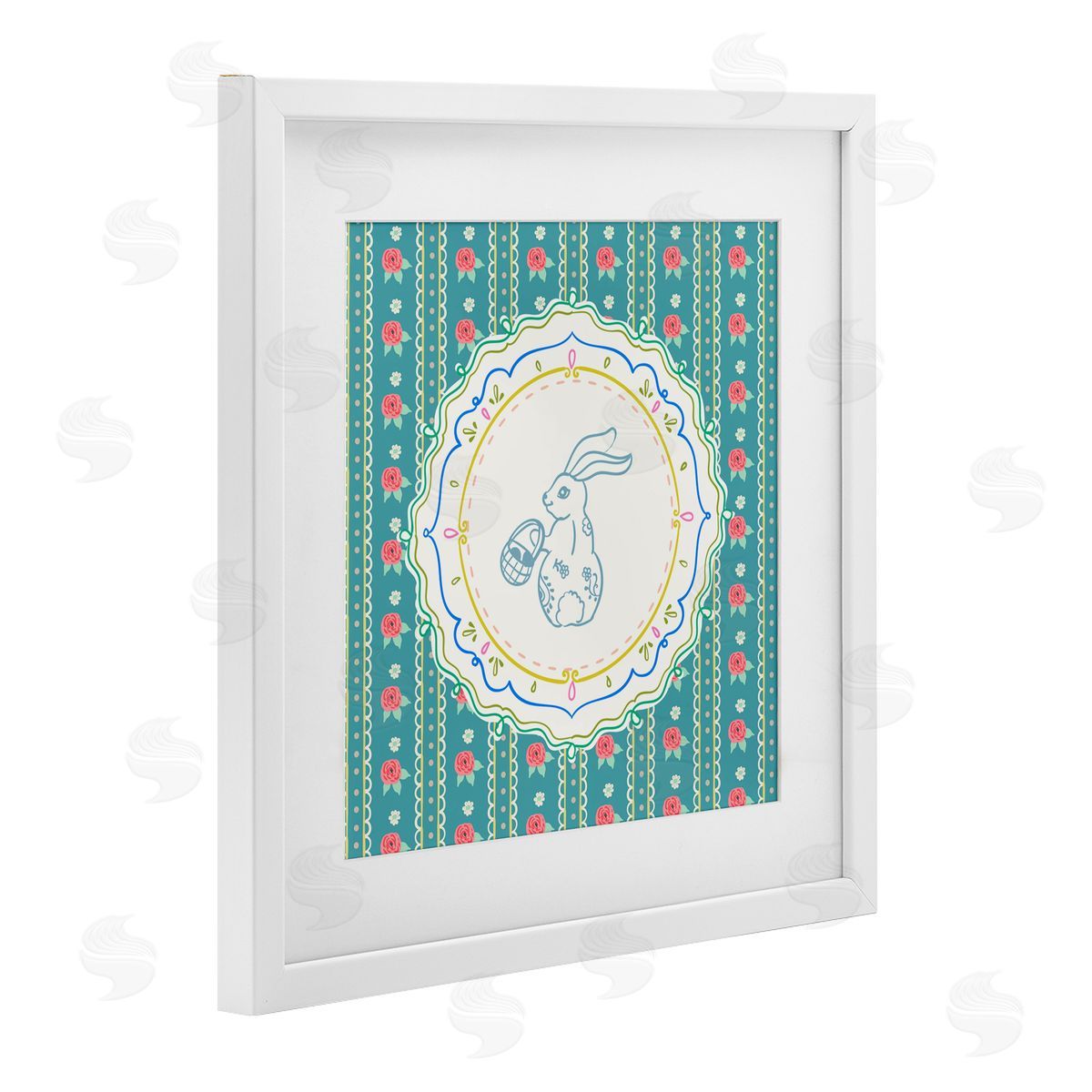 Angela Steahling Flower Stripes Pattern Bunny White Framed Print Under Glass with Mat Wall Art