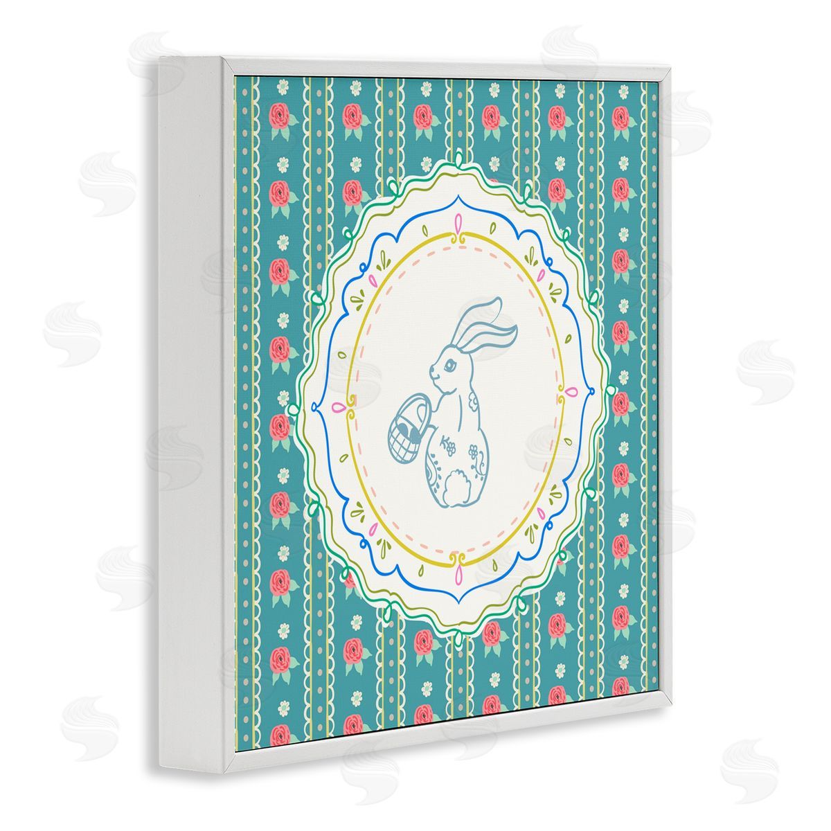 Angela Steahling Flower Stripes Pattern Bunny White Framed Giclee Wall Art Print