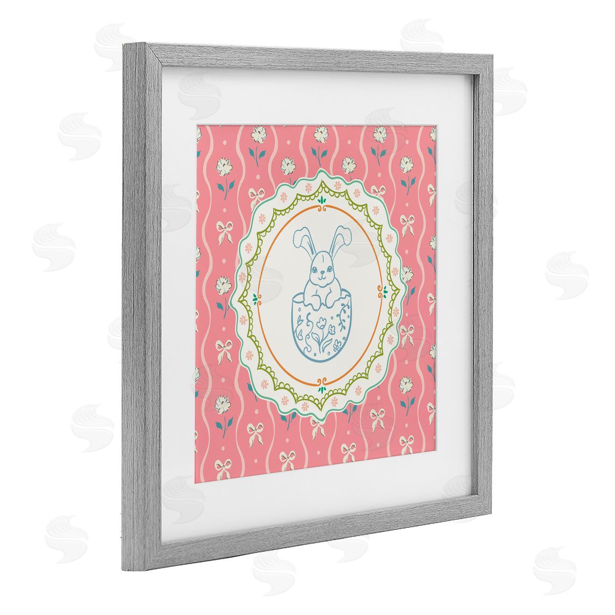 Angela Steahling Spring Bunny & Egg Shell Gray Framed Print Under Glass with White Mat Wall Art