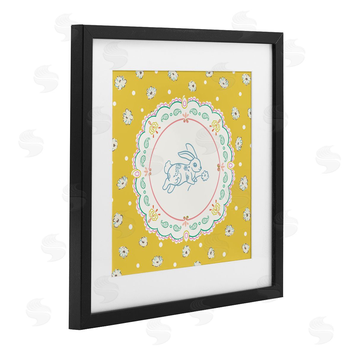 Angela Steahling Yellow Florals Spring Bunny Black Framed Print Under Glass with White Mat Wall Art