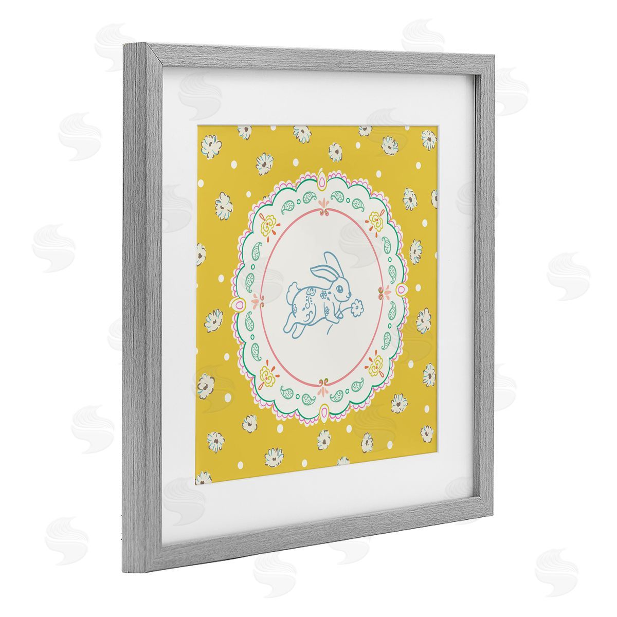 Angela Steahling Yellow Florals Spring Bunny Gray Framed Print Under Glass with White Mat Wall Art