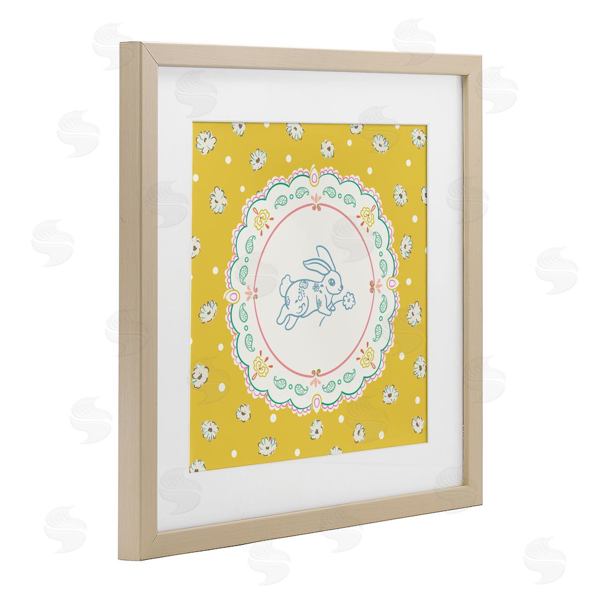Angela Steahling Yellow Florals Spring Bunny Birch Framed Print Under Glass with White Mat Wall Art