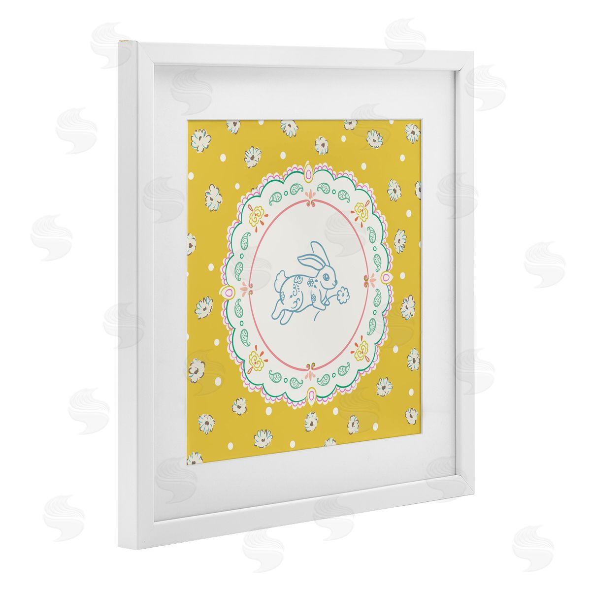 Angela Steahling Yellow Florals Spring Bunny White Framed Print Under Glass with Mat Wall Art