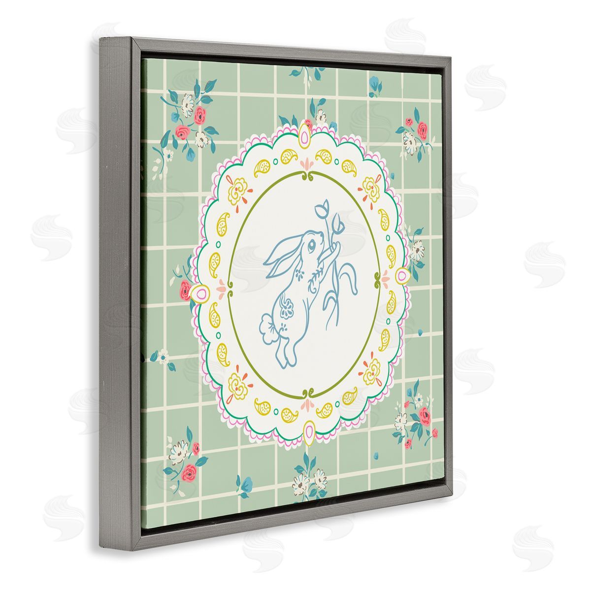 Angela Steahling Spring Bunny on Doily Gray Floating Frame Canvas Wall Art Print