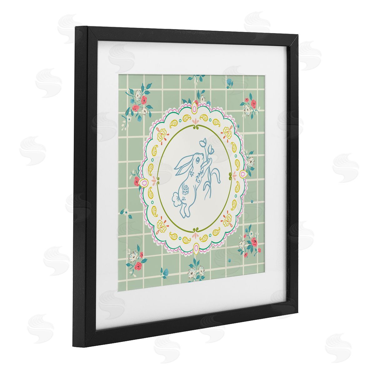 Angela Steahling Spring Bunny on Doily Black Framed Print Under Glass with White Mat Wall Art