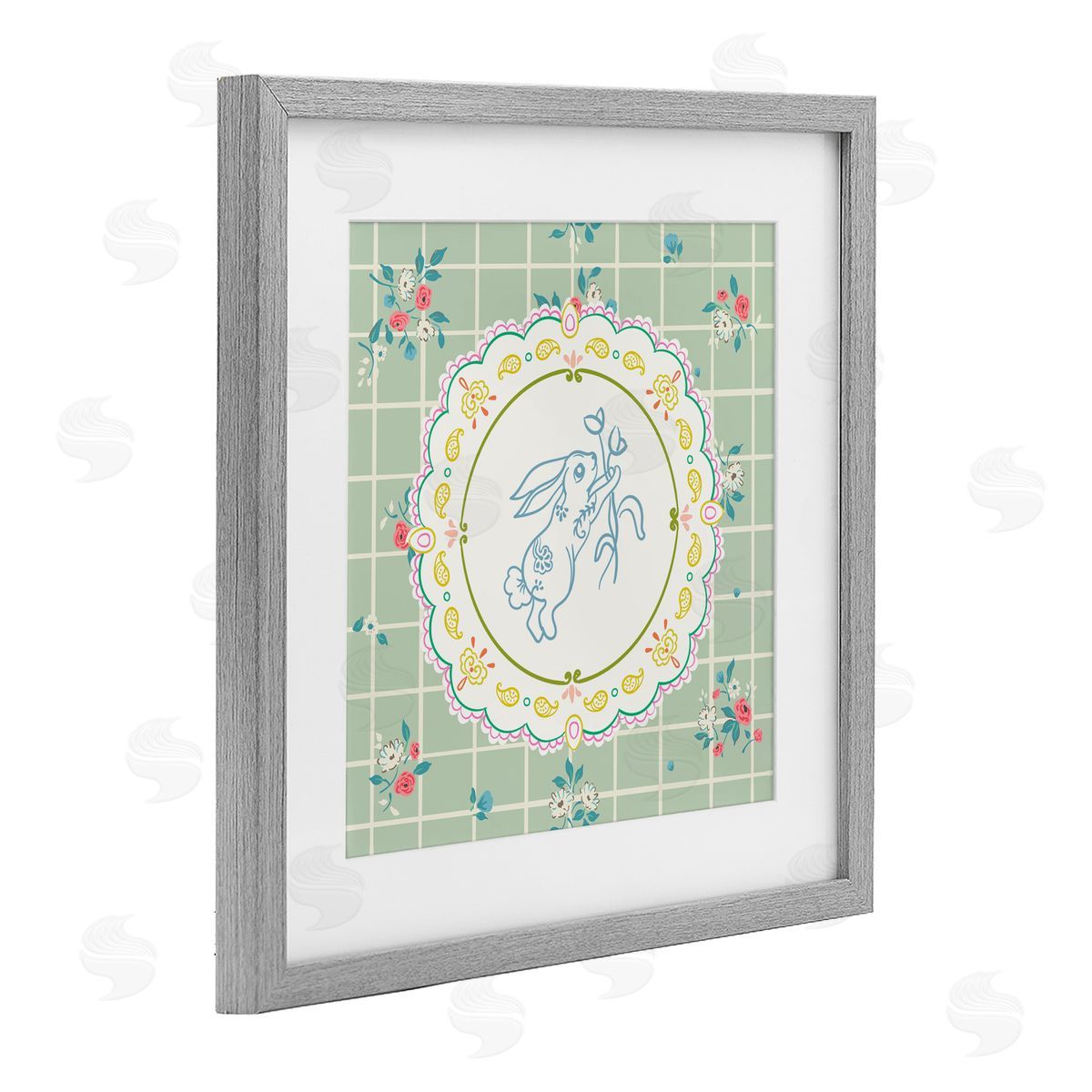 Angela Steahling Spring Bunny on Doily Gray Framed Print Under Glass with White Mat Wall Art