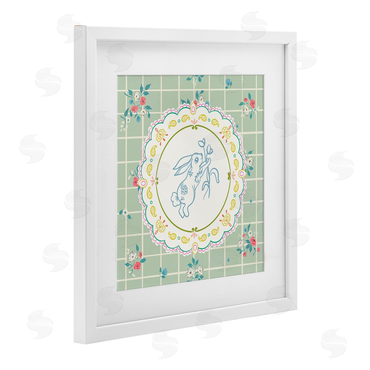 Angela Steahling Spring Bunny on Doily White Framed Print Under Glass with Mat Wall Art