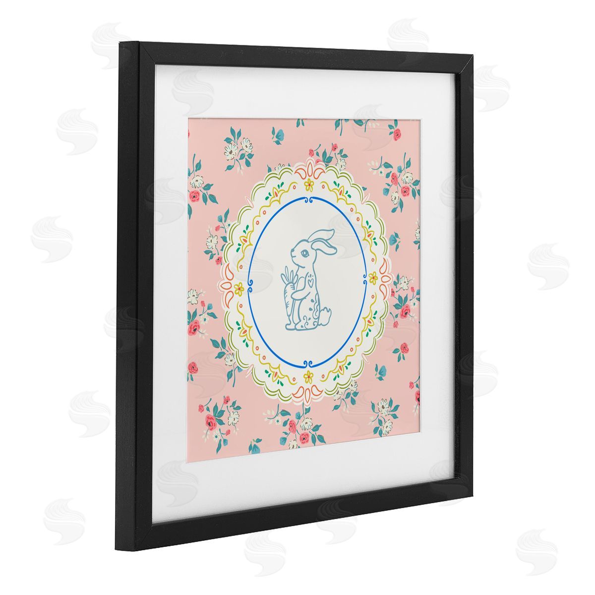 Angela Steahling Whimsical Spring Bunny Black Framed Print Under Glass with White Mat Wall Art