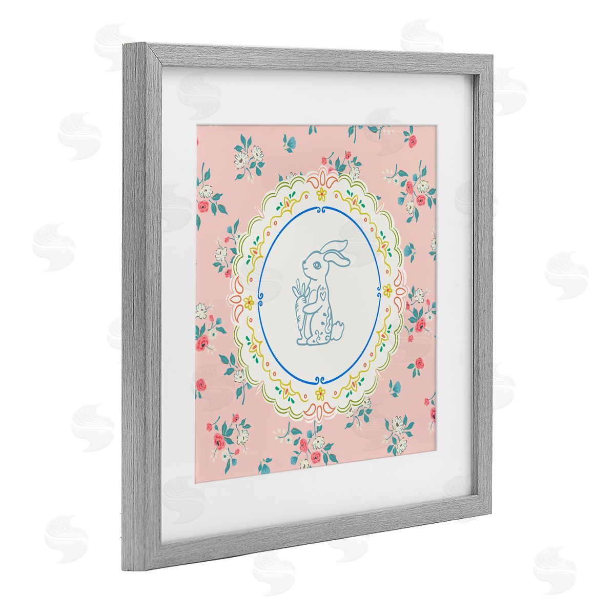 Angela Steahling Whimsical Spring Bunny Gray Framed Print Under Glass with White Mat Wall Art