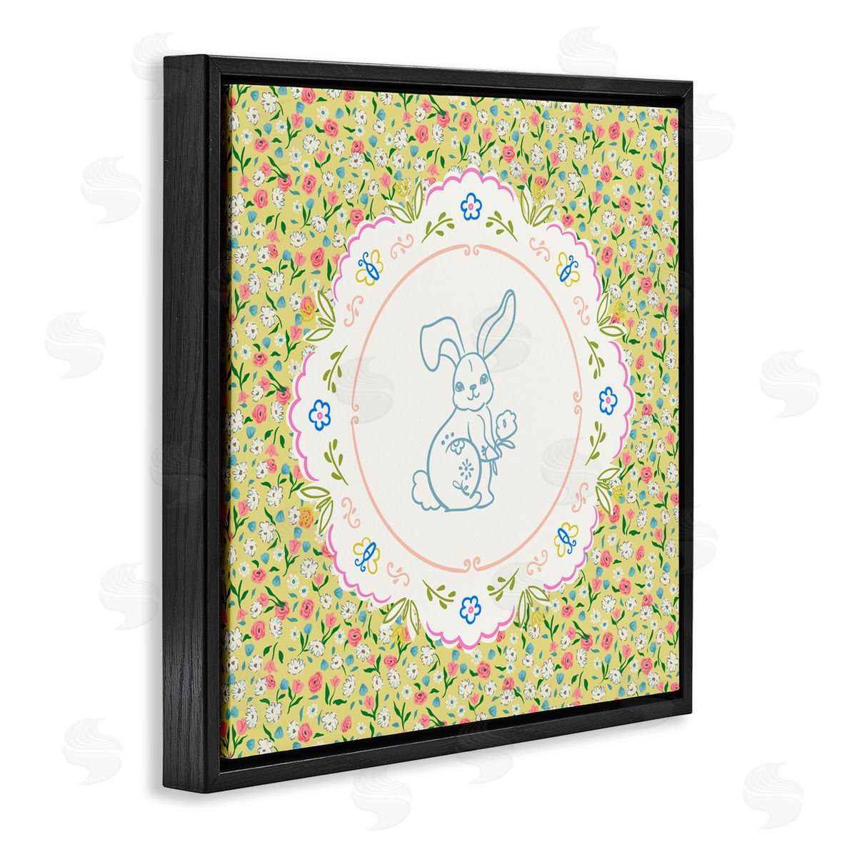 Angela Steahling Floral Spring Bunny & Sprig Black Floating Frame Canvas Wall Art Print