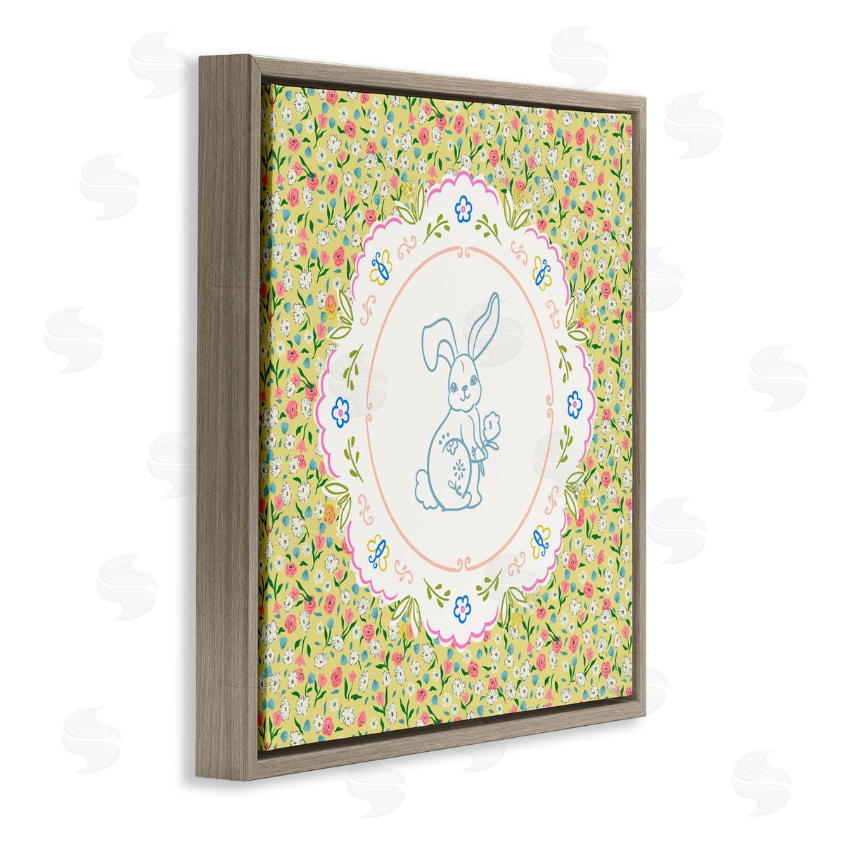 Angela Steahling Floral Spring Bunny & Sprig Brown Floating Frame Canvas Wall Art Print