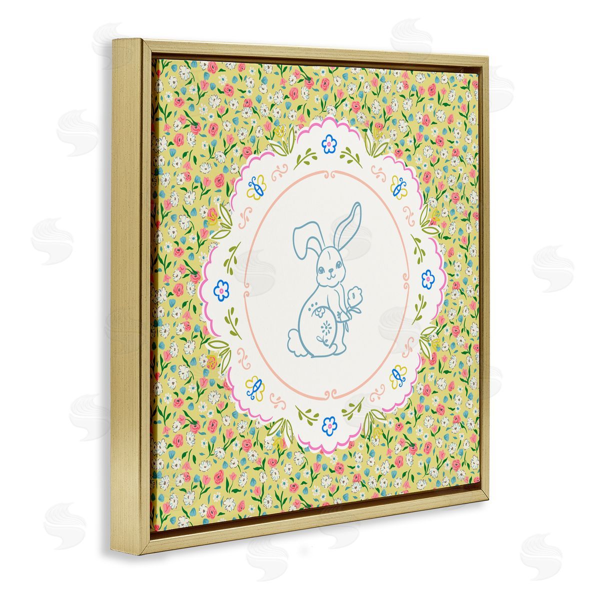 Angela Steahling Floral Spring Bunny & Sprig Gold Floating Frame Canvas Wall Art Print