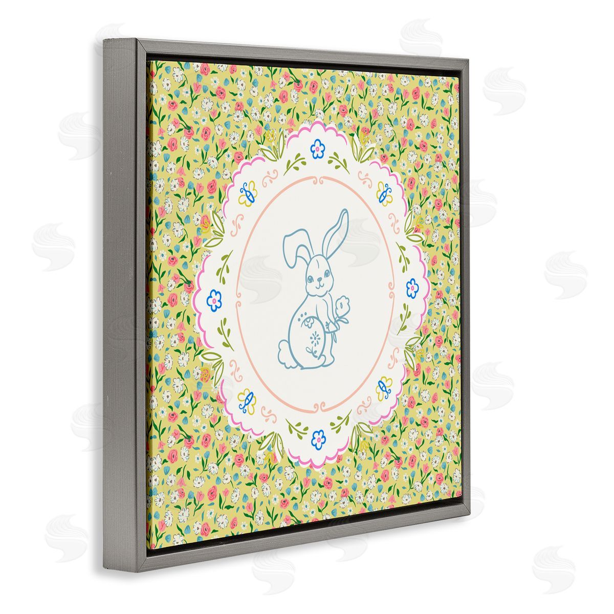 Angela Steahling Floral Spring Bunny & Sprig Gray Floating Frame Canvas Wall Art Print