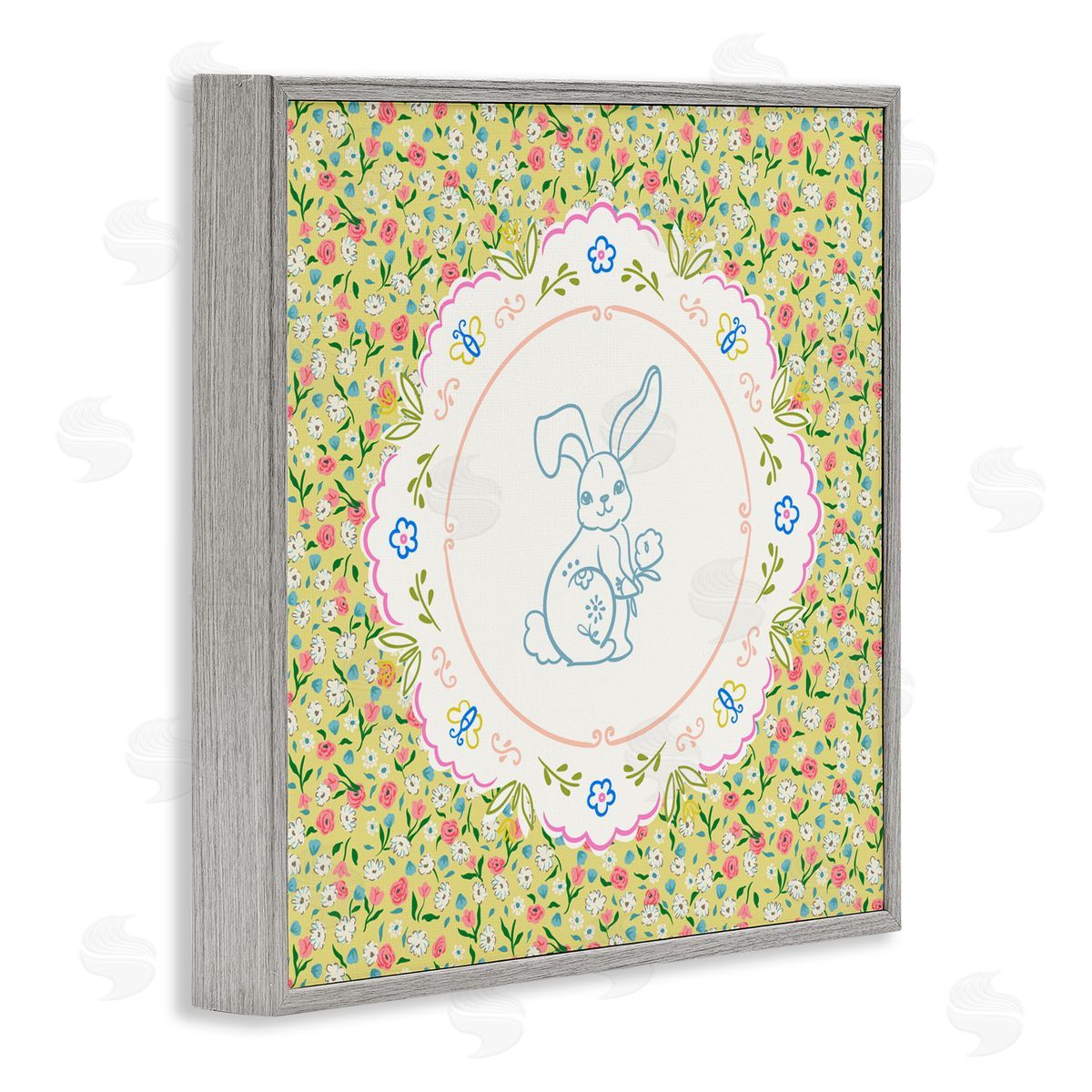 Angela Steahling Floral Spring Bunny & Sprig Gray Framed Giclee Wall Art Print