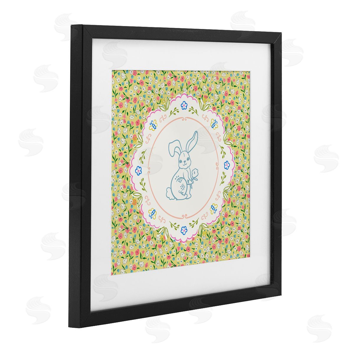 Angela Steahling Floral Spring Bunny & Sprig Black Framed Print Under Glass with White Mat Wall Art