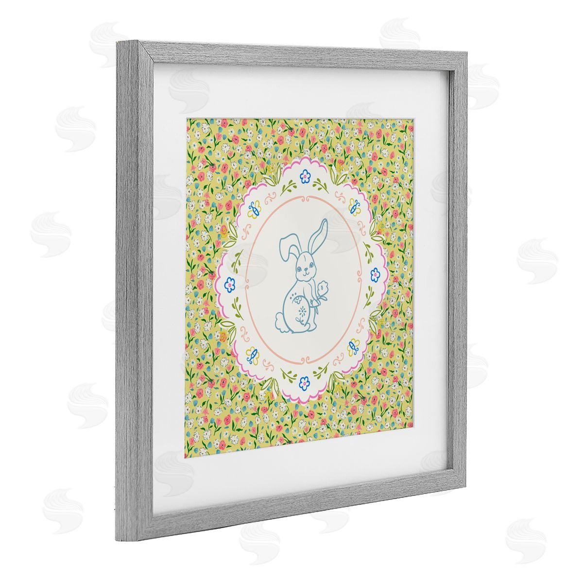 Angela Steahling Floral Spring Bunny & Sprig Gray Framed Print Under Glass with White Mat Wall Art