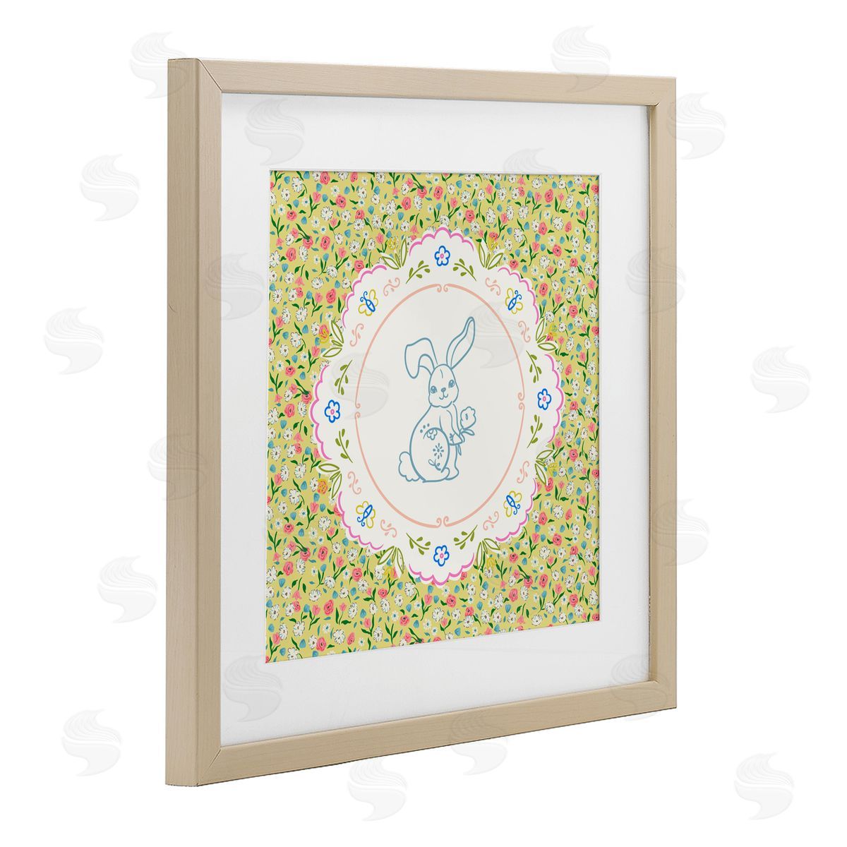 Angela Steahling Floral Spring Bunny & Sprig Birch Framed Print Under Glass with White Mat Wall Art
