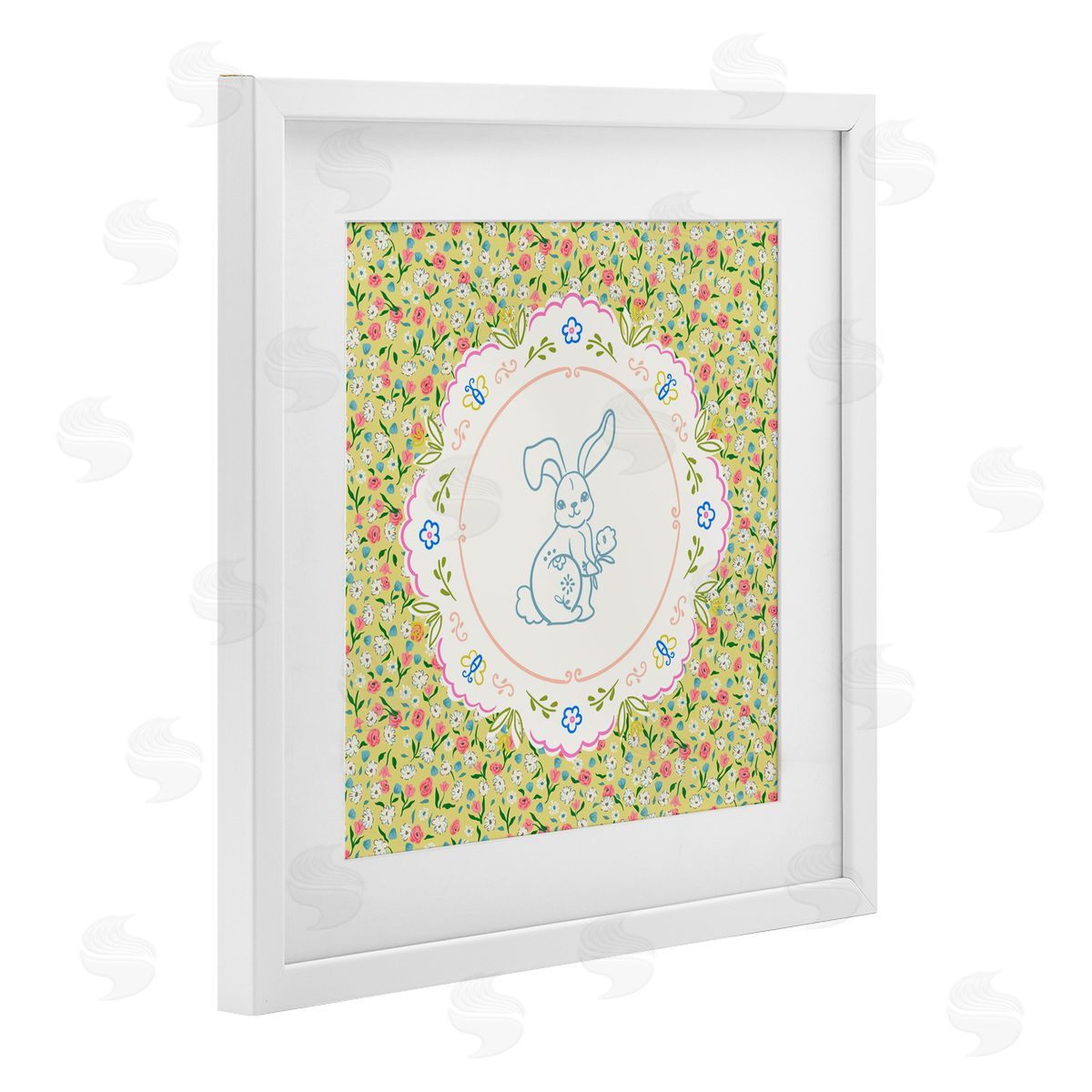 Angela Steahling Floral Spring Bunny & Sprig White Framed Print Under Glass with Mat Wall Art