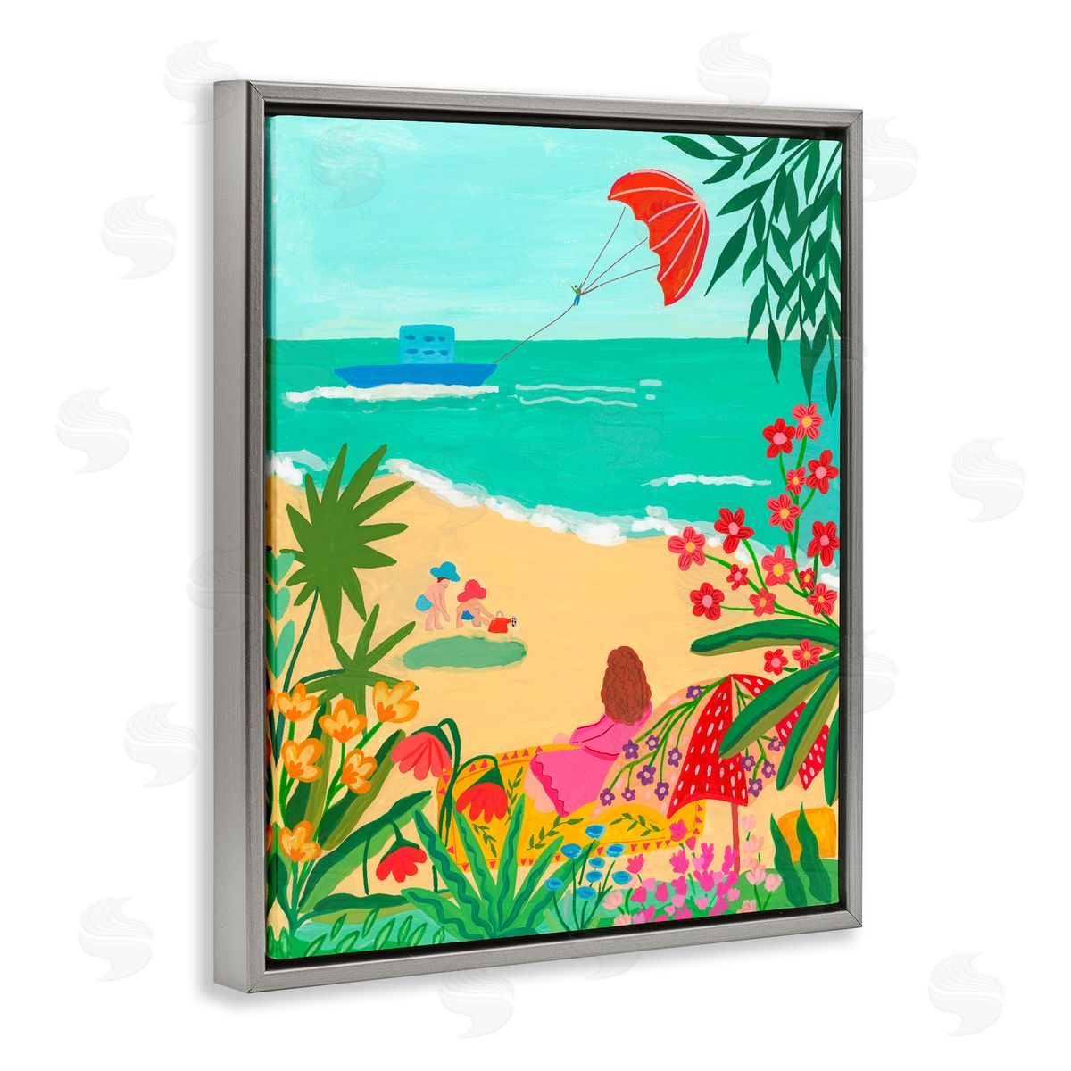 Nabeela Rumi Beach And Flowers View Gray Floating Frame Canvas Wall Art Print