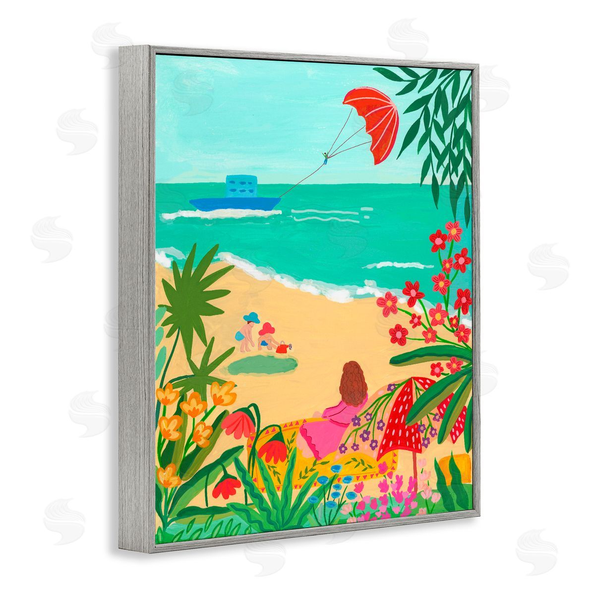 Nabeela Rumi Beach And Flowers View Gray Framed Giclee Print Wall Art