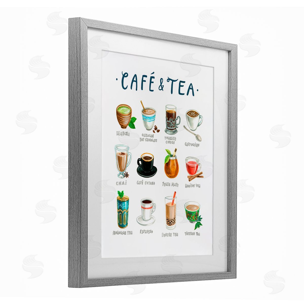 Angela Steahling Cafe & Tea Types Gray Framed Print Under Glass with White Mat Wall Art