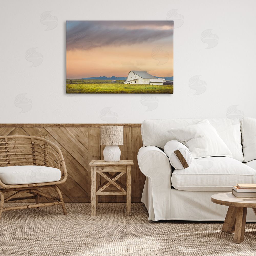Annie Bailey Art Vintage White Barn at Sunrise Canvas Art on Wall