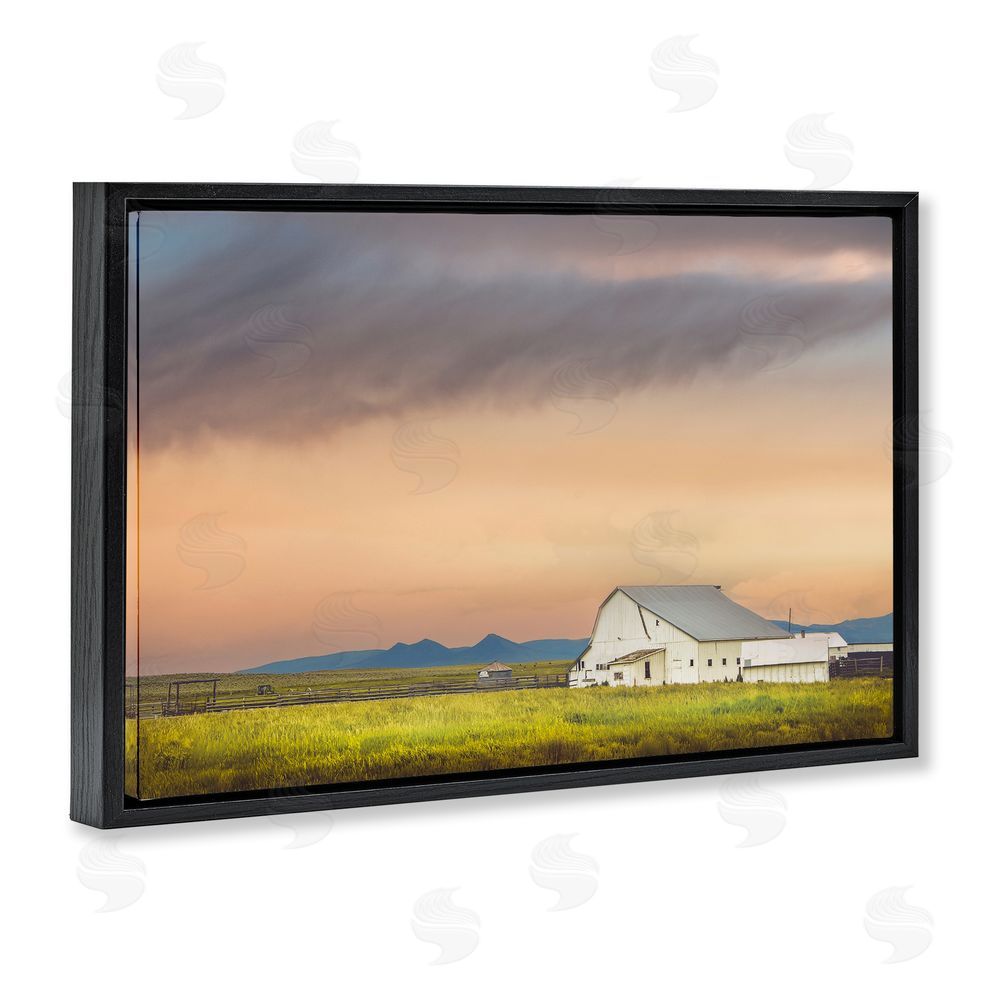 Annie Bailey Art Vintage White Barn at Sunrise Black Floating Frame Canvas Wall Art Print