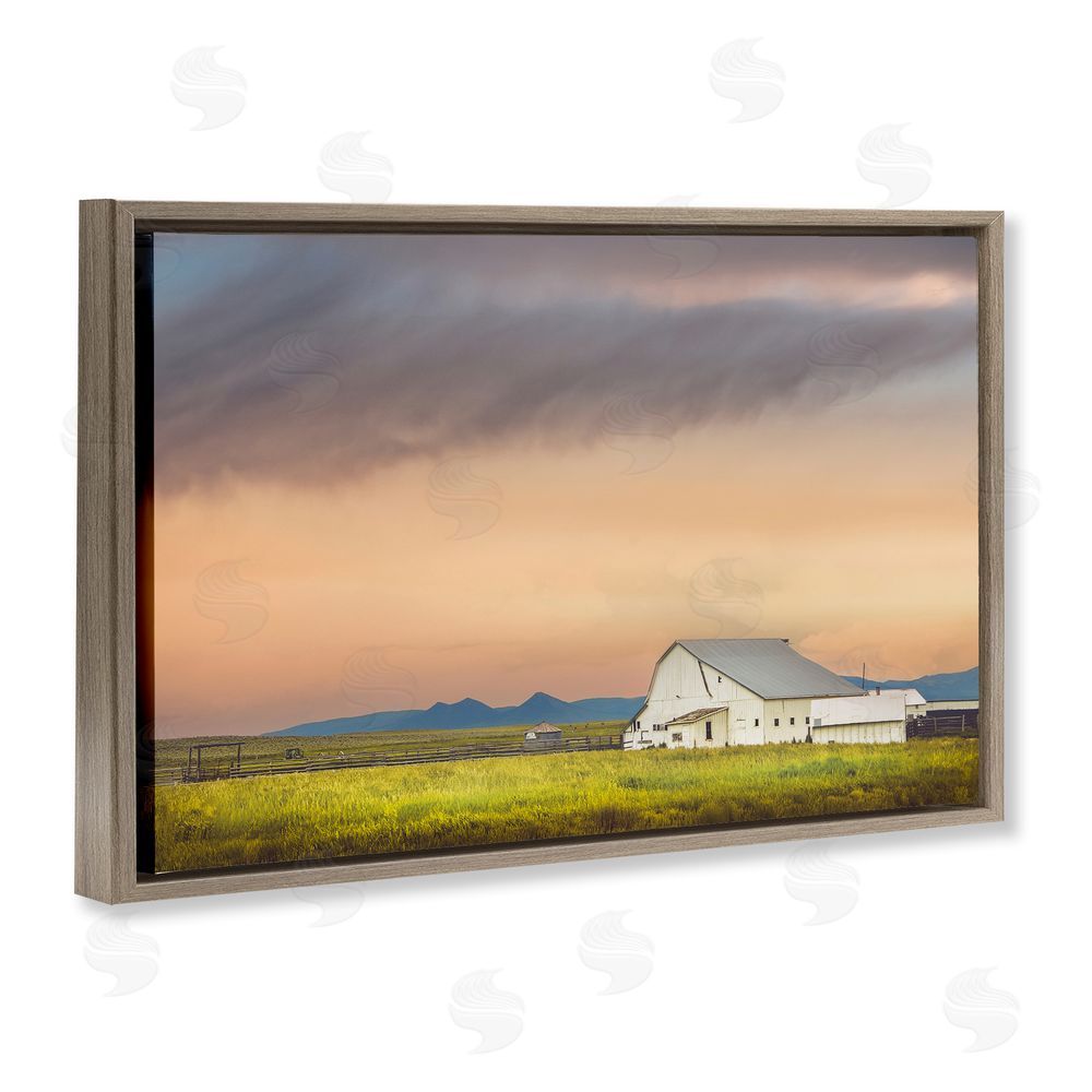 Annie Bailey Art Vintage White Barn at Sunrise Brown Floating Frame Canvas Wall Art Print