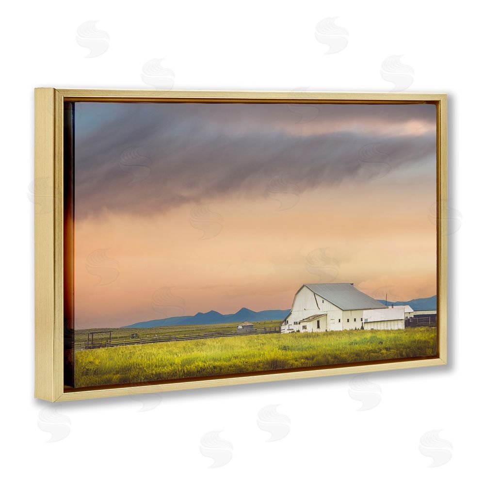 Annie Bailey Art Vintage White Barn at Sunrise Gold Floating Frame Canvas Wall Art Print