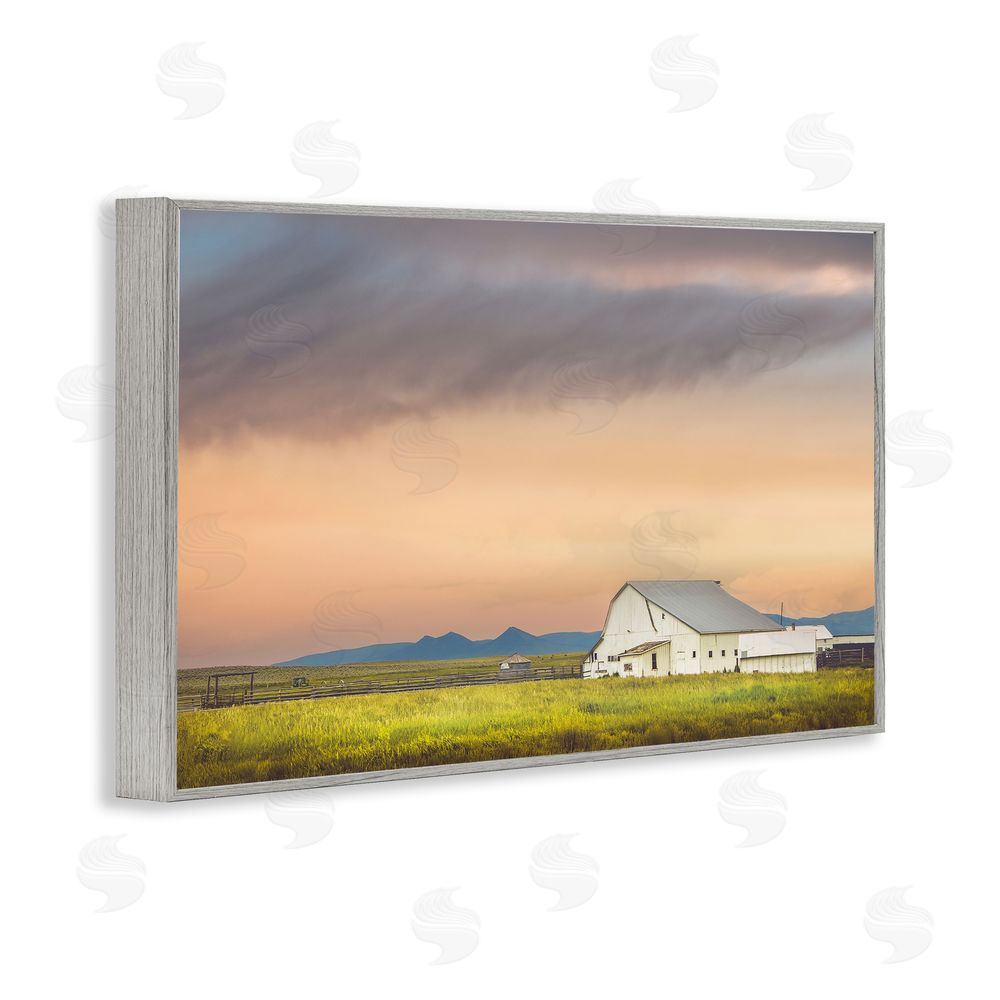 Annie Bailey Art Vintage White Barn at Sunrise Gray Framed Giclee Wall Art Print