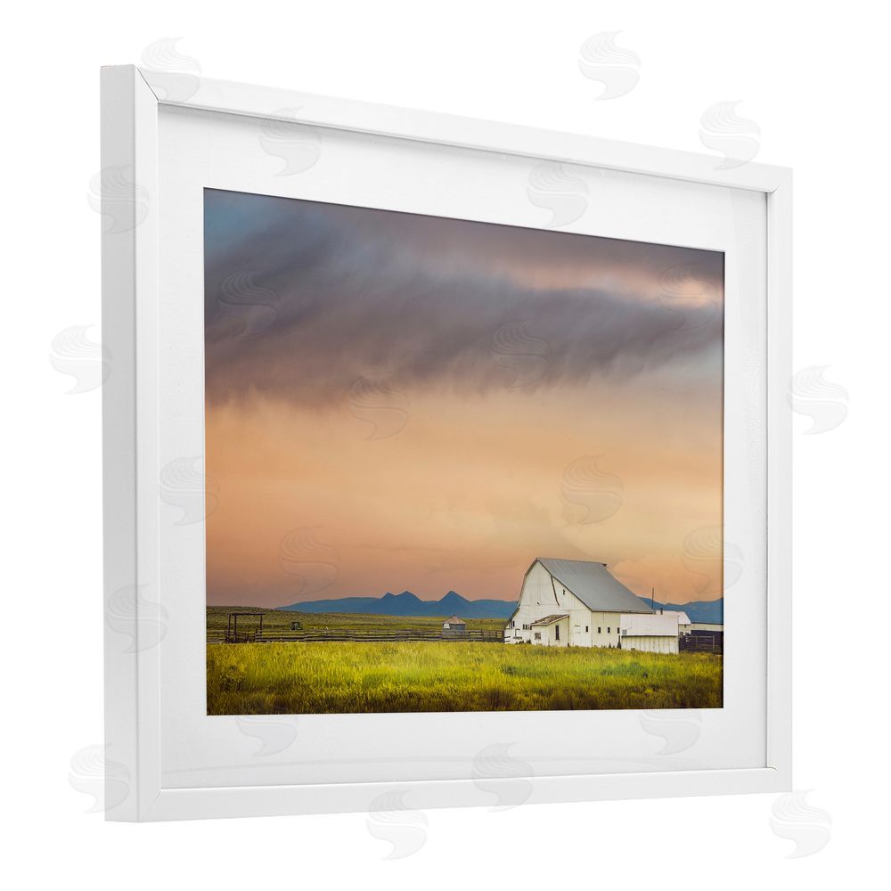 Annie Bailey Art Vintage White Barn at Sunrise White Framed Print Under Glass with Mat Wall Art