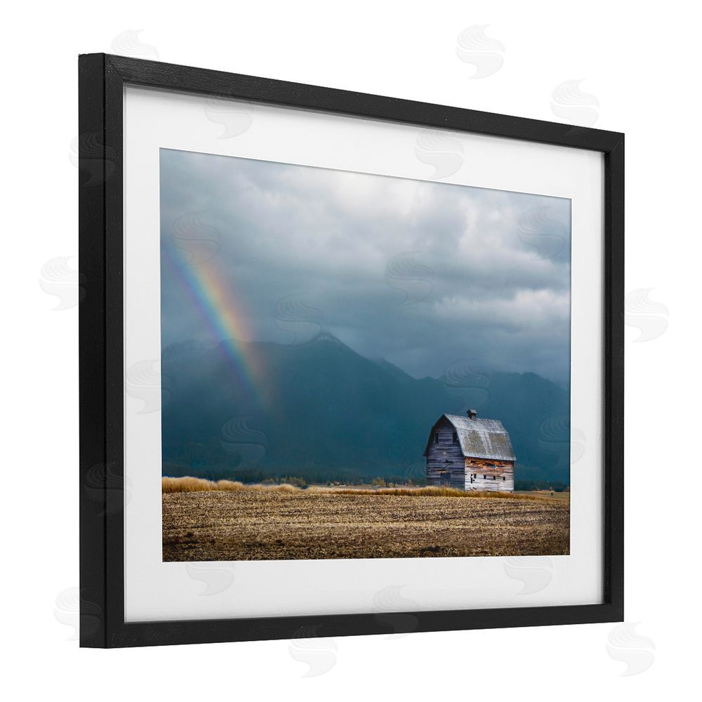 Annie Bailey Art Mission Mountain Barn Rainbow Black Framed Print Under Glass with White Mat Wall Art