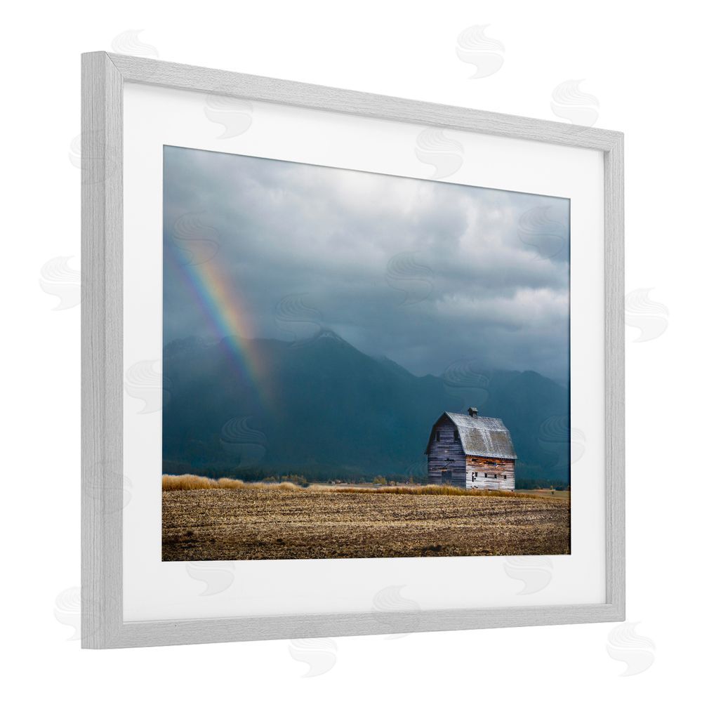 Annie Bailey Art Mission Mountain Barn Rainbow Gray Framed Print Under Glass with White Mat Wall Art