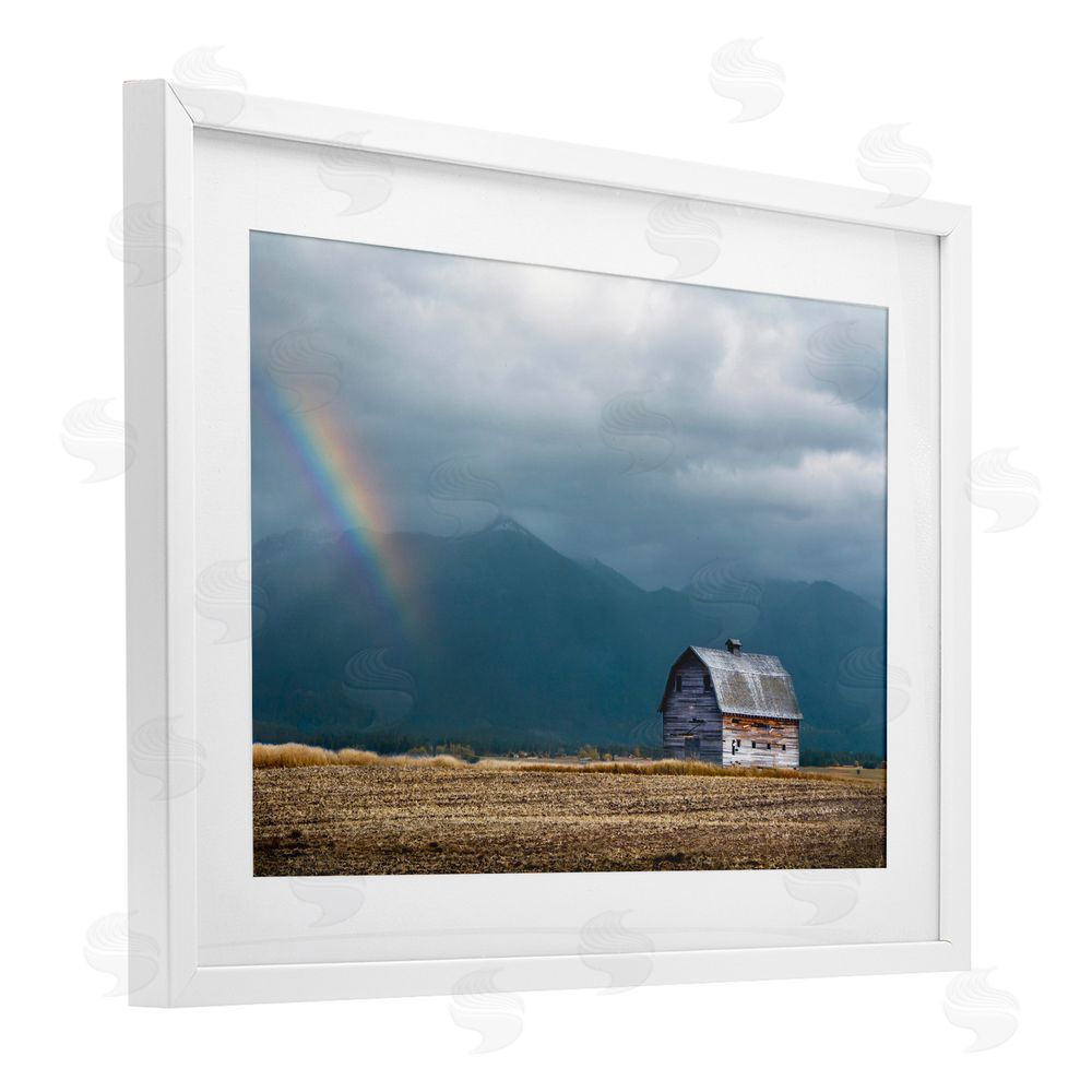 Annie Bailey Art Mission Mountain Barn Rainbow White Framed Print Under Glass with Mat Wall Art
