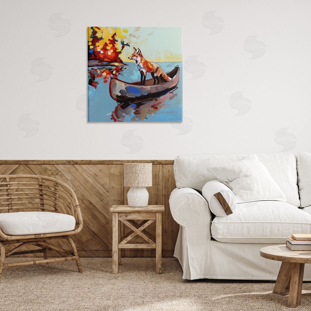 Adam Swanson Fox's Voyage on Canoe Stretched Canvas Wall Art Print in Room