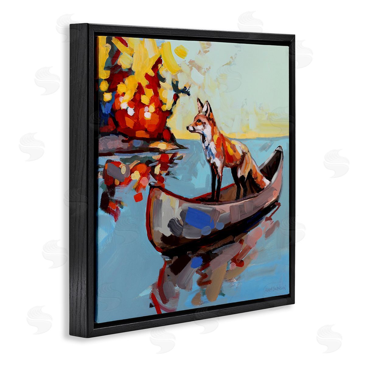 Adam Swanson Fox's Voyage on Canoe Black Floating Frame Canvas Wall Art Print