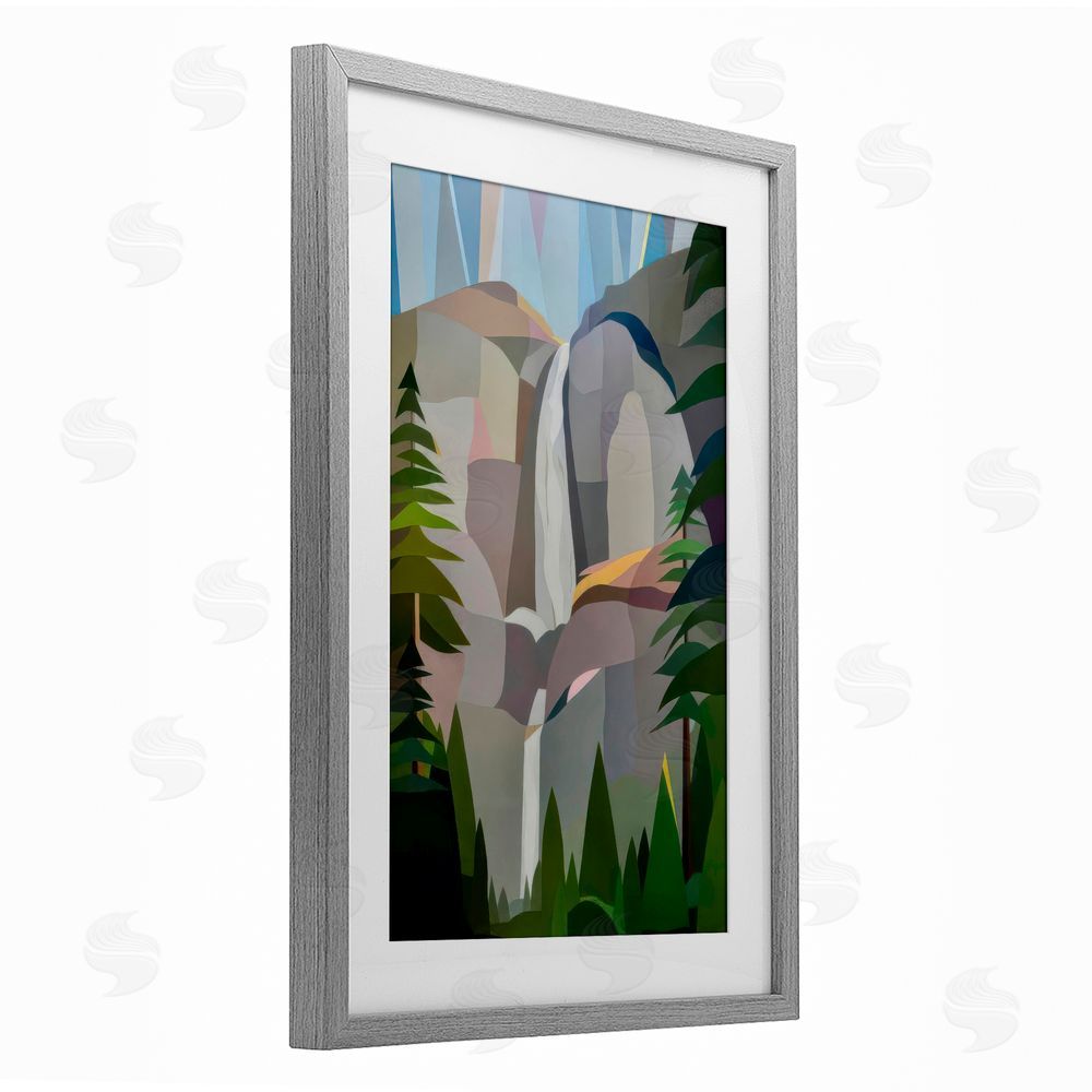 Melba Browne Morning Yosemite Falls Abstract Gray Framed Print Under Glass with White Mat Wall Art