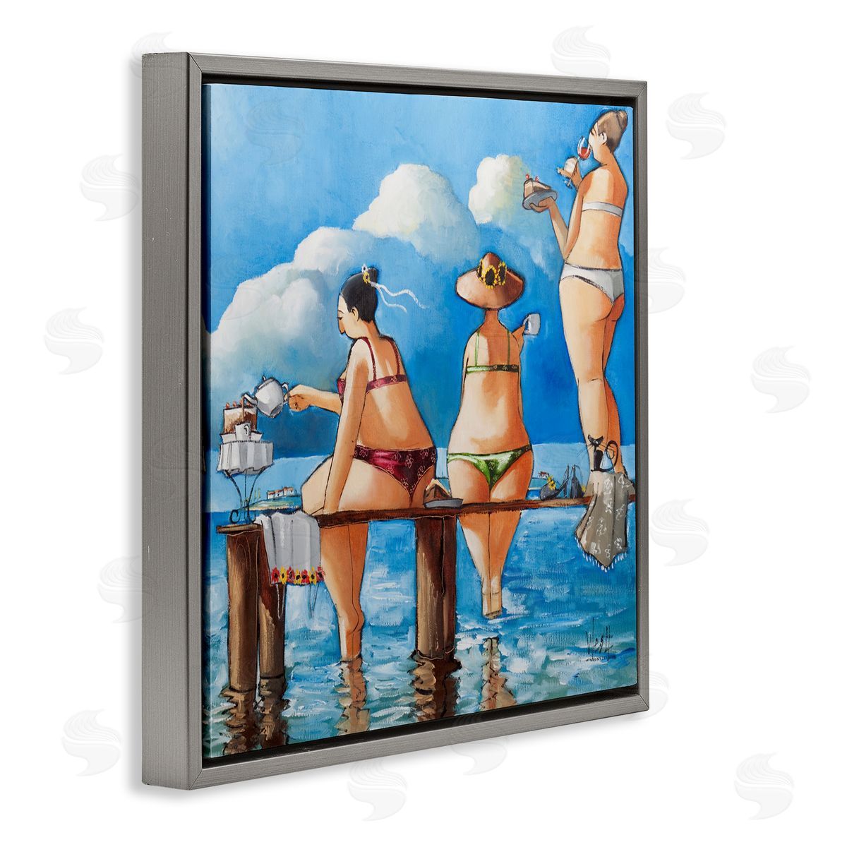 Ronald West Tea Break On The Jetty Gray Floating Frame Canvas Wall Art Print