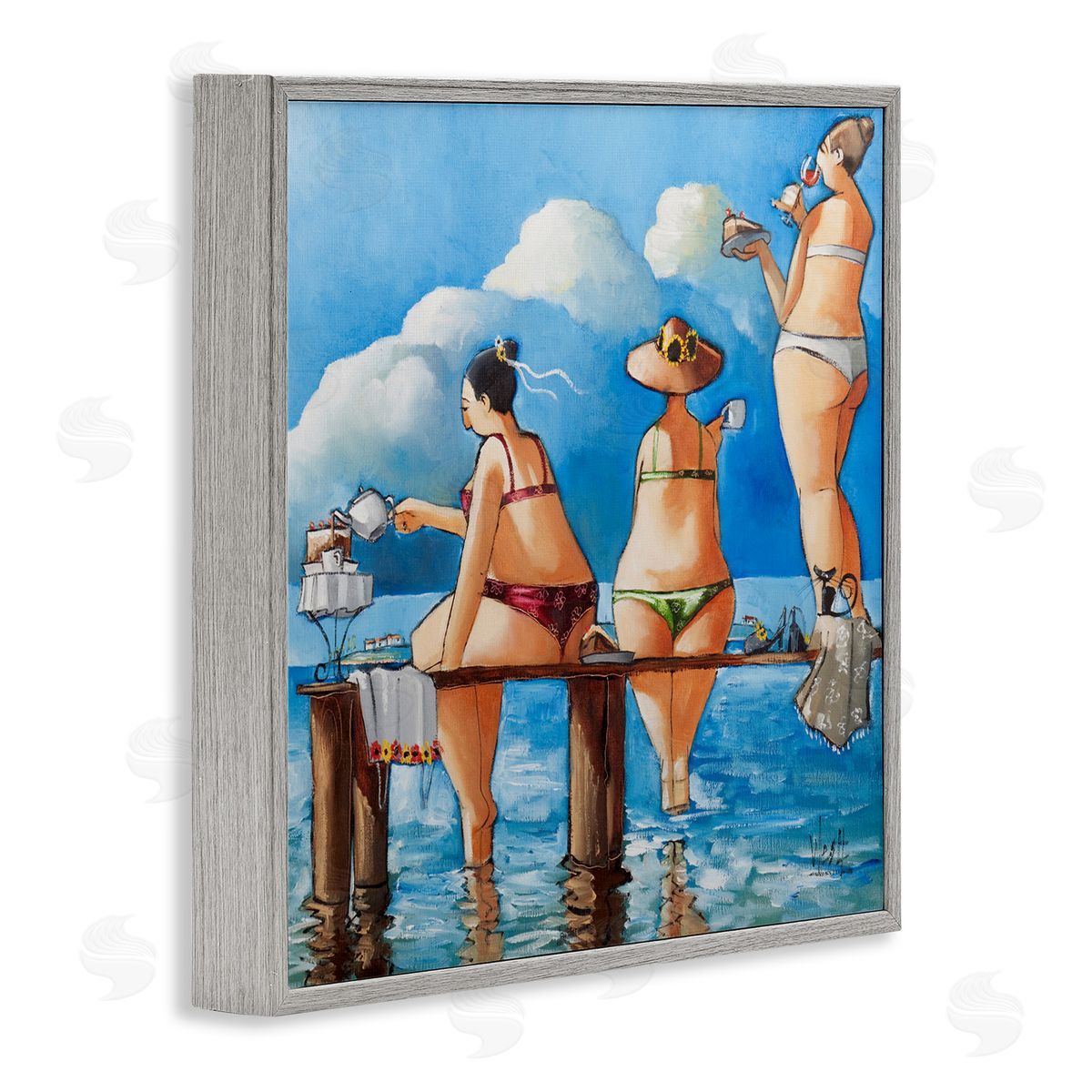 Ronald West Tea Break On The Jetty Gray Framed Giclee Print Wall Art