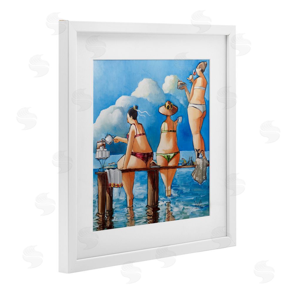 Ronald West Tea Break On The Jetty White Framed Print Under Glass Wall Art