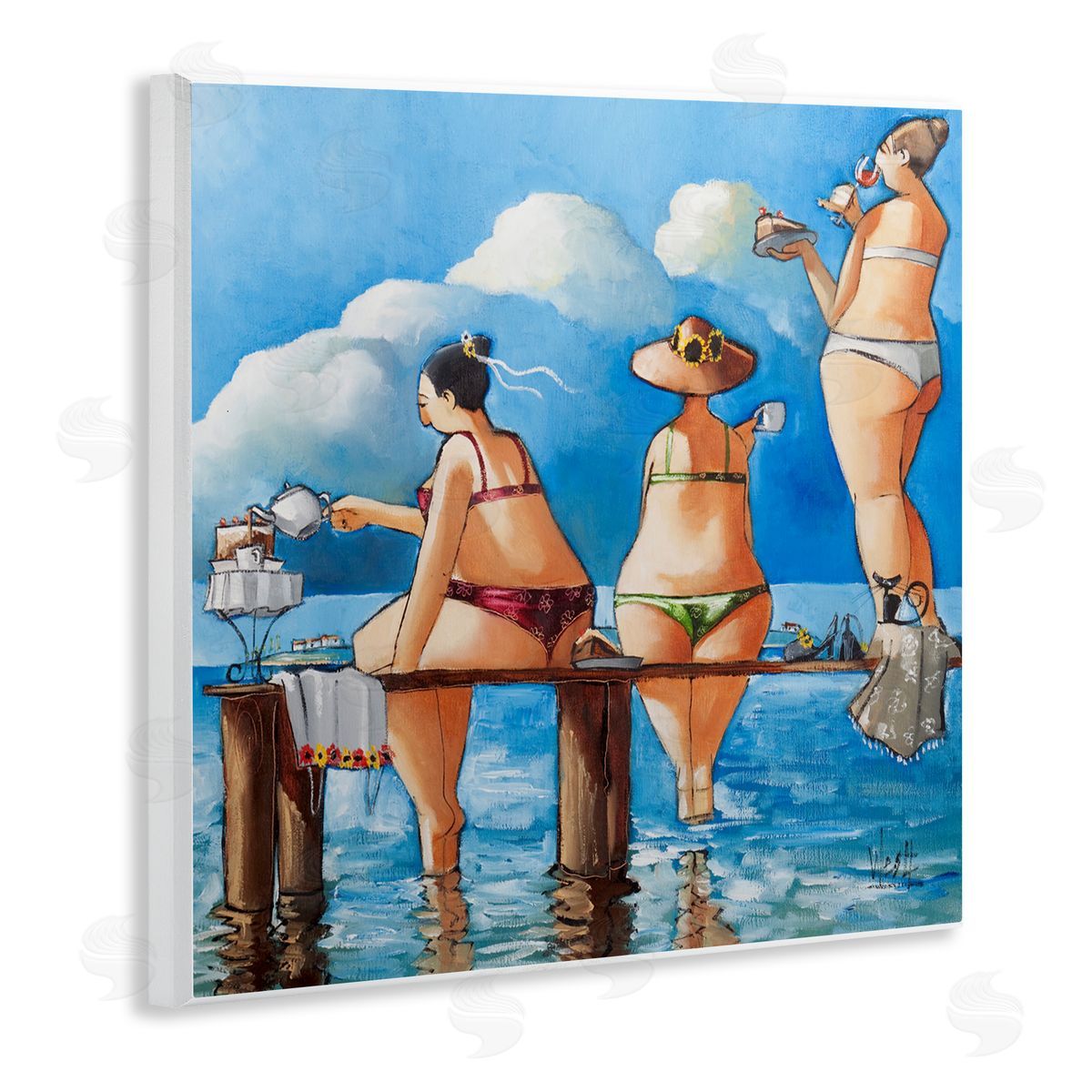 Ronald West Tea Break On The Jetty Wooden Wall Plaque Art Print