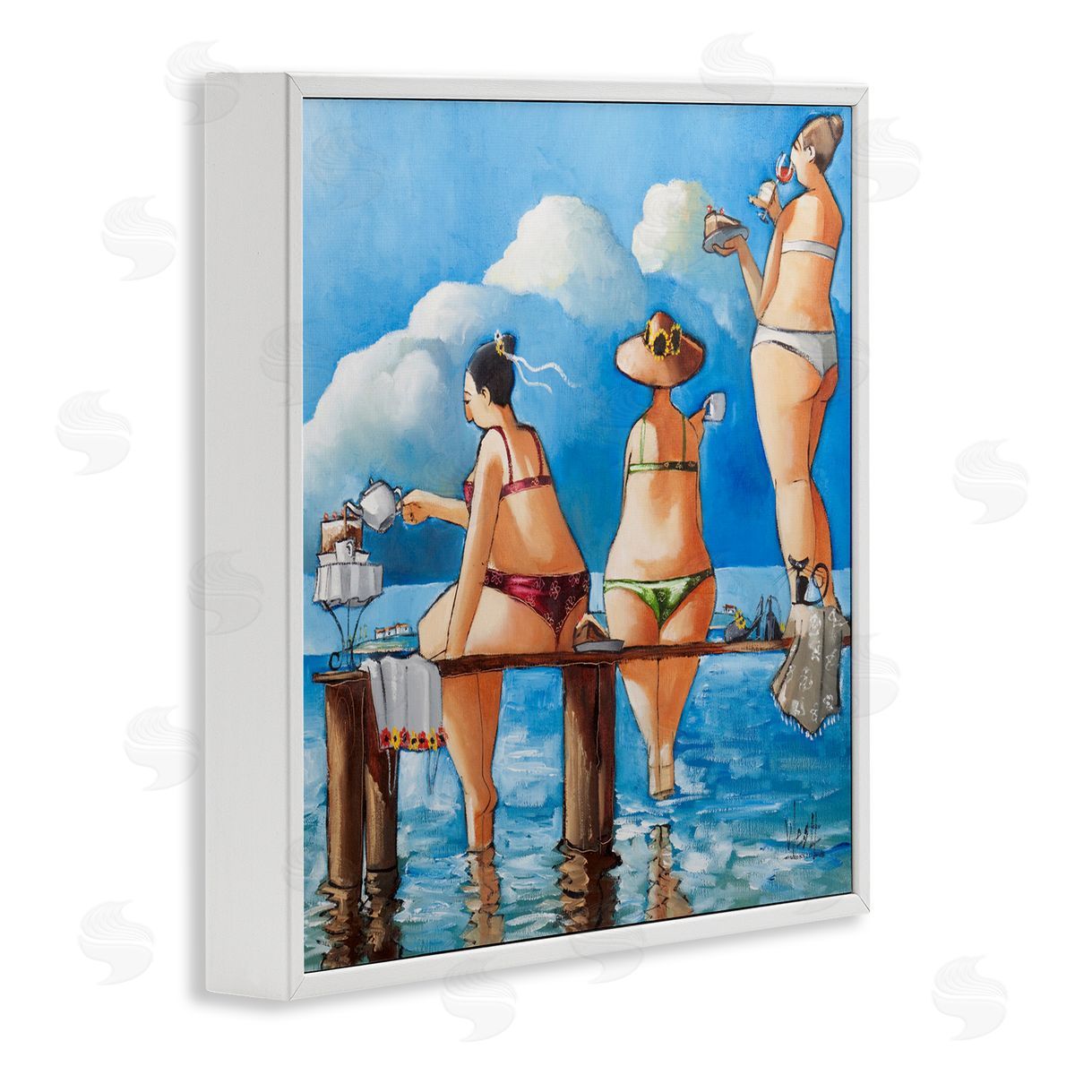 Ronald West Tea Break On The Jetty White Framed Giclee Print Wall Art