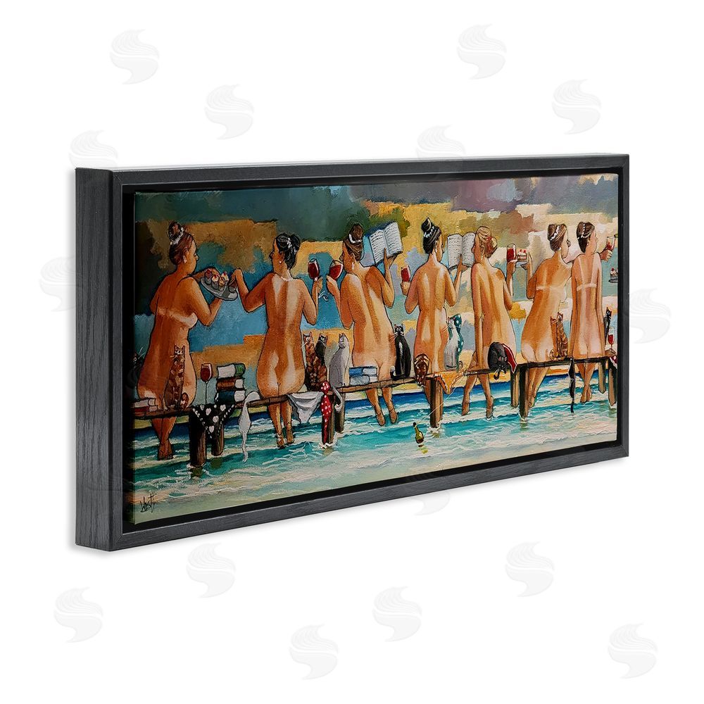 Ronald West Wine, Books And Cats Jetty Black Floating Frame Canvas Wall Art Print