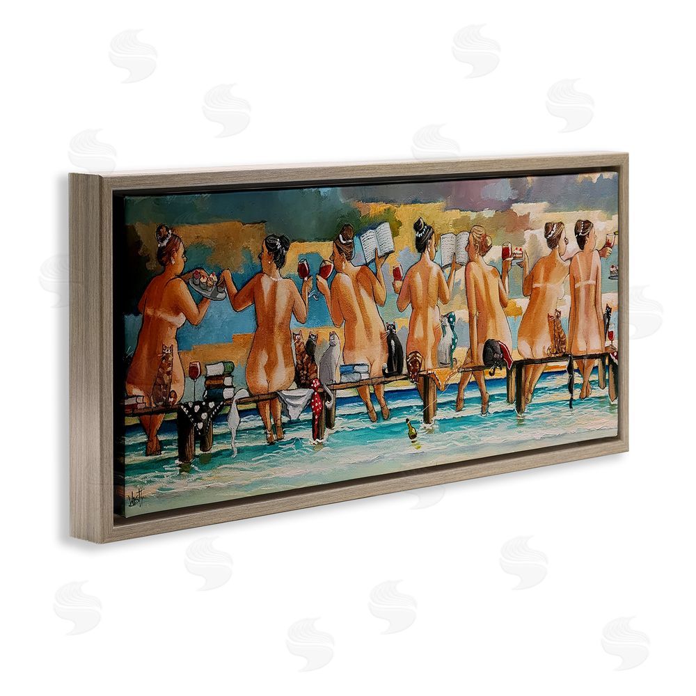 Ronald West Wine, Books And Cats Jetty Brown Floating Frame Canvas Wall Art Print