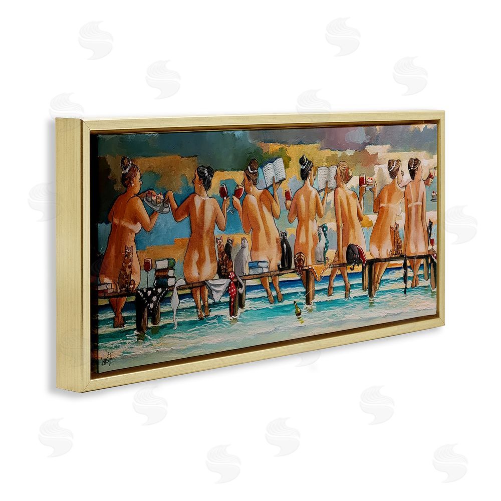 Ronald West Wine, Books And Cats Jetty Gold Floating Frame Canvas Wall Art Print