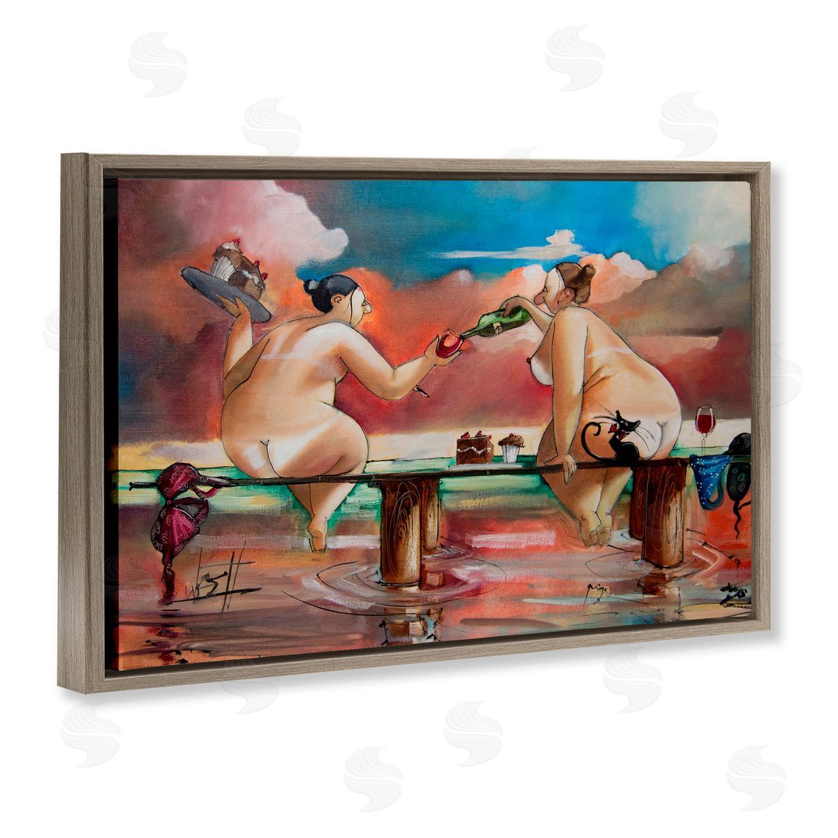 Ronald West Wine & Cake On The Jetty Brown Floating Frame Canvas Wall Art Print